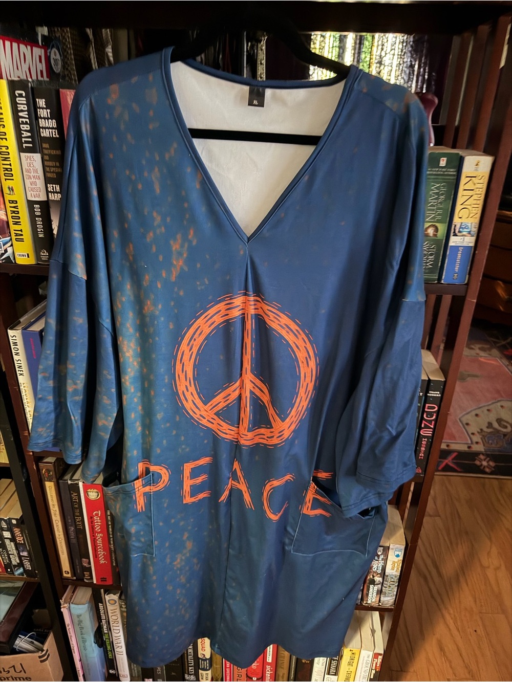 Blue V-Neck Peace Graphic Ladies Oversized Shirt/Dress